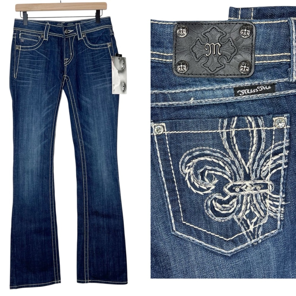 Miss Me Fleur De Lis Boot Dark Wash Jeans Mid Rise size 27 NWT Style JP5181B4